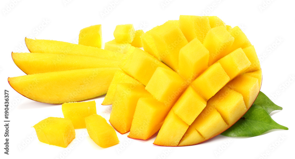 mango slice with green leaves isolated on white background mango slice with green leaves isolated on white background