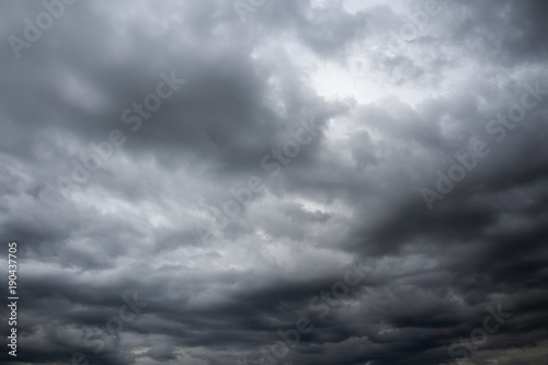 Dramatic overcast cloudy sky. Thunderclouds flying over horizon, cloudscape.
