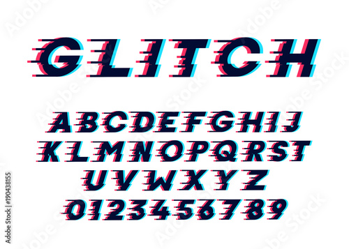 Trendy distroted glitch font effect. Letters and numbers vector illustration typeface lettering