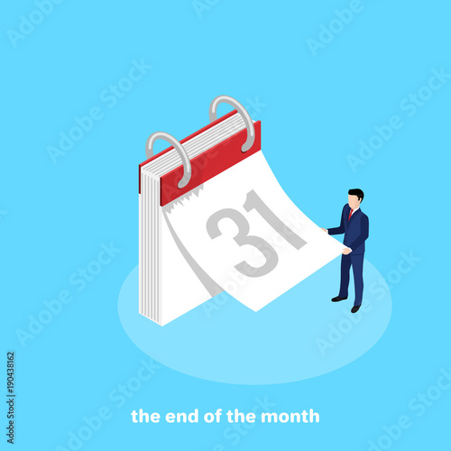 a man in a business suit tears off a sheet from the calendar, an isometric image