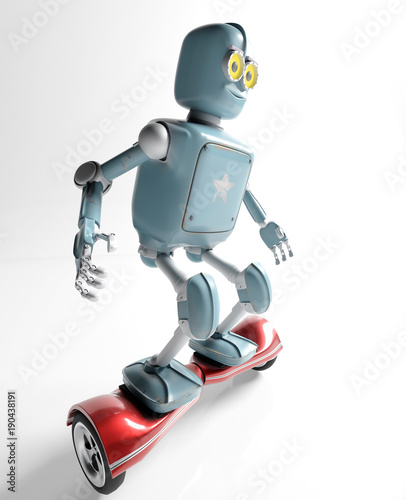 retro robot rides on a gyroscope hoverboard isolate on white 3d render.