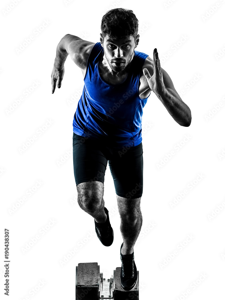 one caucasian runner sprinter running sprinting athletics man silhouette isolated on white background one caucasian runner sprinter running sprinting athletics man silhouette isolated on white background