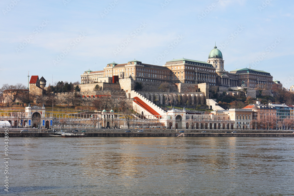 Cityscape of Buda Castle from Pest across Danube River, Budapest, Hungary, Europe