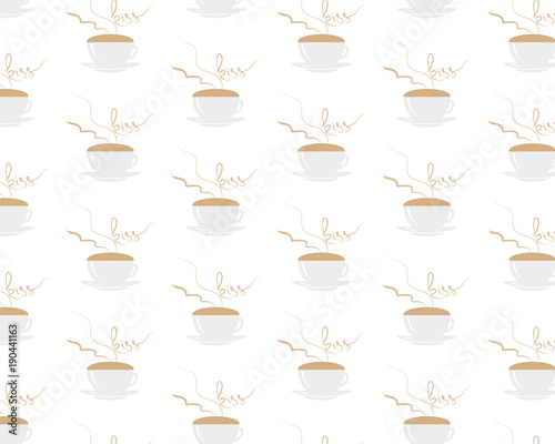 Seamless pattern with coffee cup with steming word kiss on white cbackground. Coffee foam and steam. EPS 10 Vector illustration