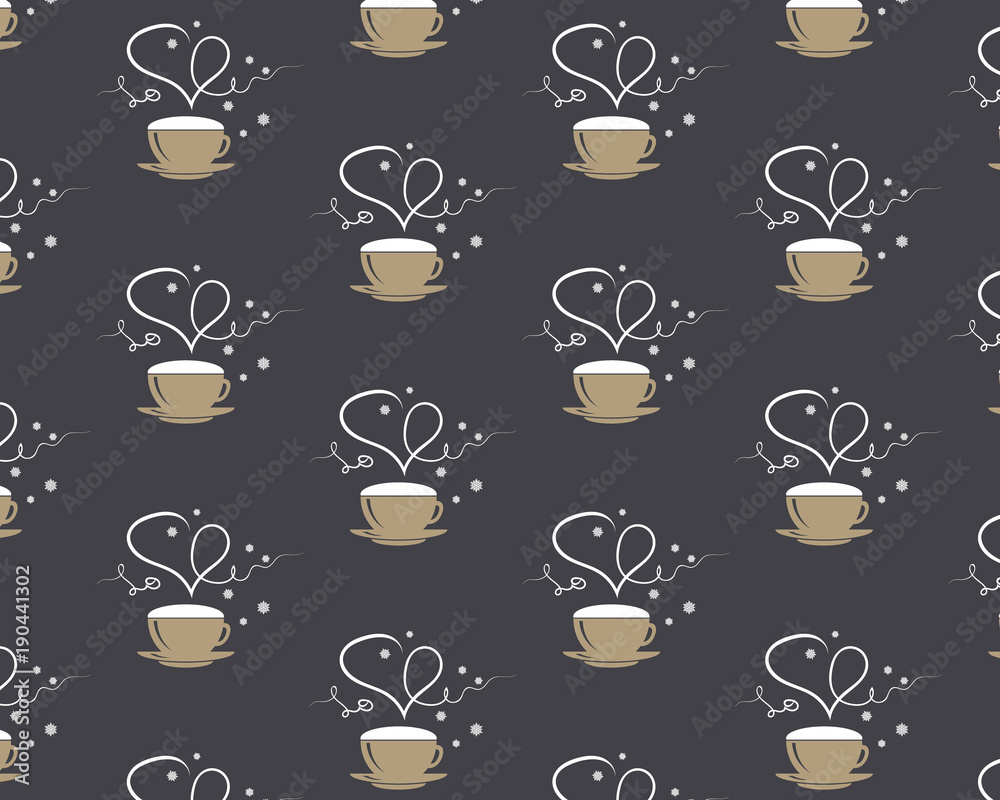 Seamless pattern with coffee mug with steming heart and word love on brown coffee style background. Coffee cup and steam. Happy Valentine's day. EPS 10 Vector illustration Seamless pattern with coffee mug with steming heart and word love on brown coffee style background. Coffee cup and steam. Happy Valentine's day. EPS 10 Vector illustration