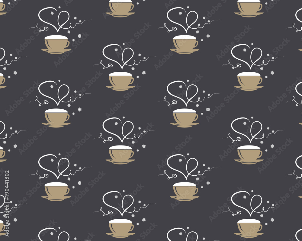 Seamless pattern with coffee mug with steming heart and word love on brown coffee style background. Coffee cup and steam. Happy Valentine's day. EPS 10 Vector illustration