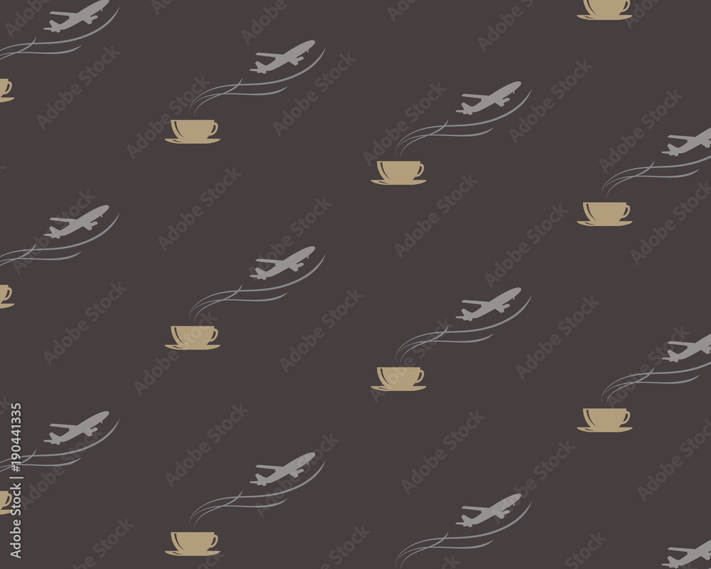 Seamless pattern with steaming coffee mug and airplane on dark brown background. Drink and travel symbols. Airport, flight, world, travel, trip, holiday. Vector EPS 10 illustration Seamless pattern with steaming coffee mug and airplane on dark brown background. Drink and travel symbols. Airport, flight, world, travel, trip, holiday. Vector EPS 10 illustration