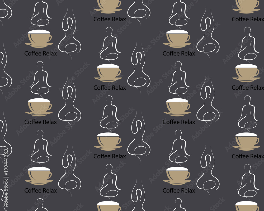 Seamless pattern Steaming coffee cup with silhouette of a body in yoga lotus assana. Concept of coffee and relaxation. Coffee time, break, rest. EPS10 Vector in coffee style on dark background Seamless pattern Steaming coffee cup with silhouette of a body in yoga lotus assana. Concept of coffee and relaxation. Coffee time, break, rest. EPS10 Vector in coffee style on dark background