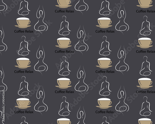 Seamless pattern Steaming coffee cup with silhouette of a body in yoga lotus assana. Concept of coffee and relaxation. Coffee time, break, rest. EPS10 Vector in coffee style on dark background