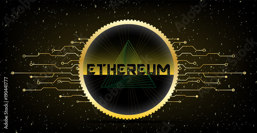 Ethereum golden ribbed coin with text and yellow black background. Vector.