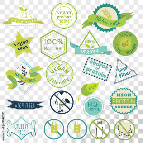 Set of labels for vegans, gluten free and diary free badges. Signs for natural organic food, that contains high fiber and protein. Eco friendly emblem collection isolated on transparent background.