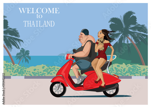 European tourist rides a scooter with a Thai beautiful girl. Thailand - vector illustration.