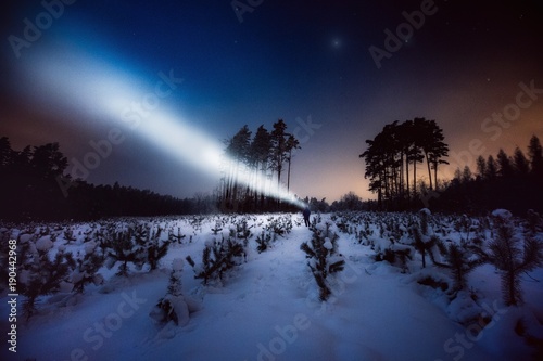 Surreal night forest landscape with alone strange man with flashlight.