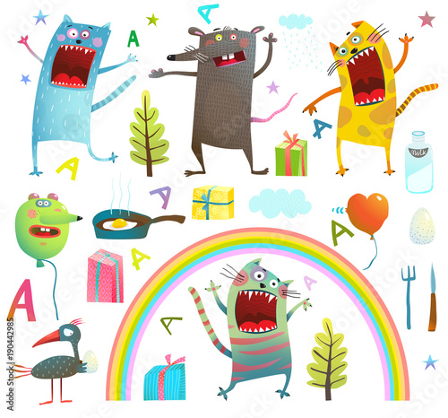 Mouse cats bird nature items set isolated. Vector illustration.