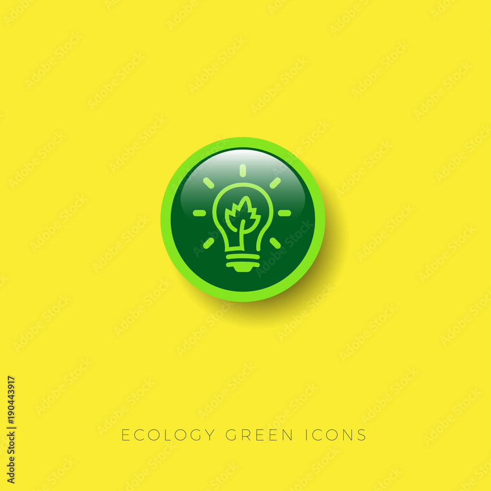 Energy Saving Technologies or Eco light icon. Electric bulb and green leaf in a round glossy badge. Energy Saving Technologies or Eco light icon. Electric bulb and green leaf in a round glossy badge.