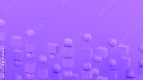 3d cubes and spheres background. Abstract wallpaper. Flying geometric shapes. Trendy modern illustration. 3d rendering. Falling squares and balls. Colorful poster backdrop. Minimal style.