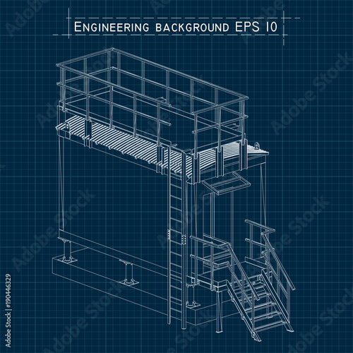 Blueprint engineering background. Building floor plan, axonometric view. Vector EPS10.