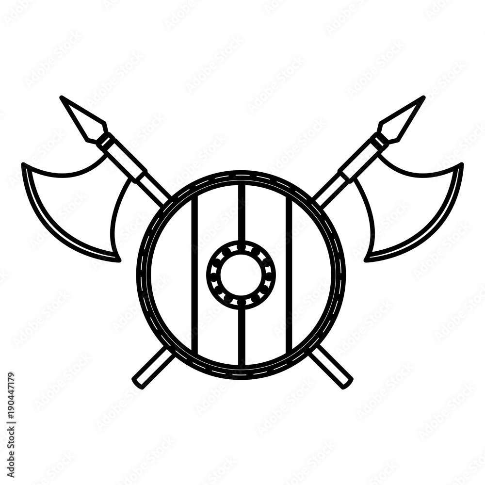 Obraz premium wooden round shield with axes icon vector illustration graphic design