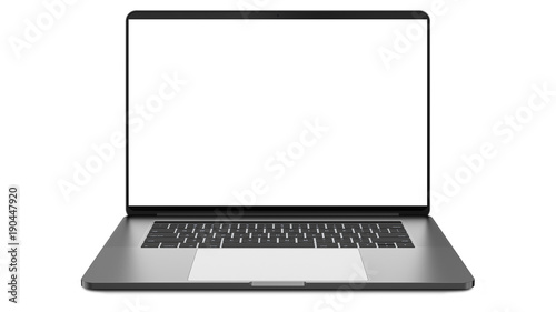 Laptop with blank screen isolated on white background. Whole in focus. High detailed. Template, mockup.
