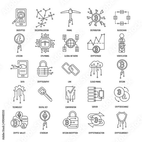 Blockchain and cryptocurrency mining vector icons in line style. Decentralized transaction system symbols. Cryptocurrency money, blockchain bitcoin system, transaction and currency vector illustration