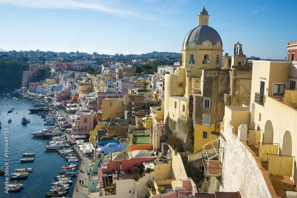 Scenic afternoon view of the picturesque Italian village of Corricella on the island of Procida