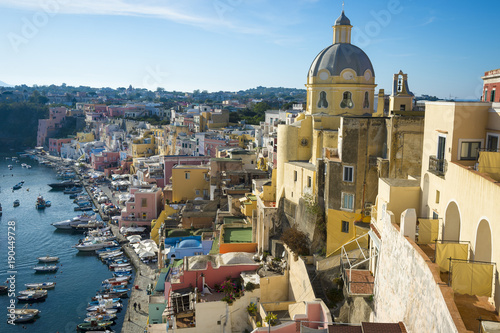 Scenic afternoon view of the picturesque Italian village of Corricella on the island of Procida