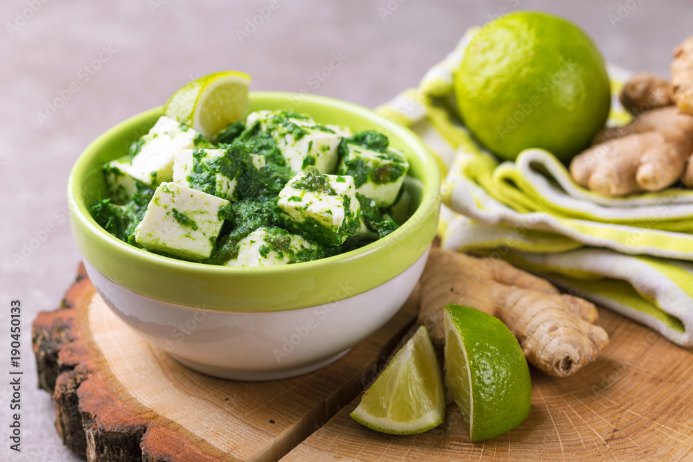 Traditional Indian cuisine. Homemade palak paneer. Copyspace, horizontal view Traditional Indian cuisine. Homemade palak paneer. Copyspace, horizontal view