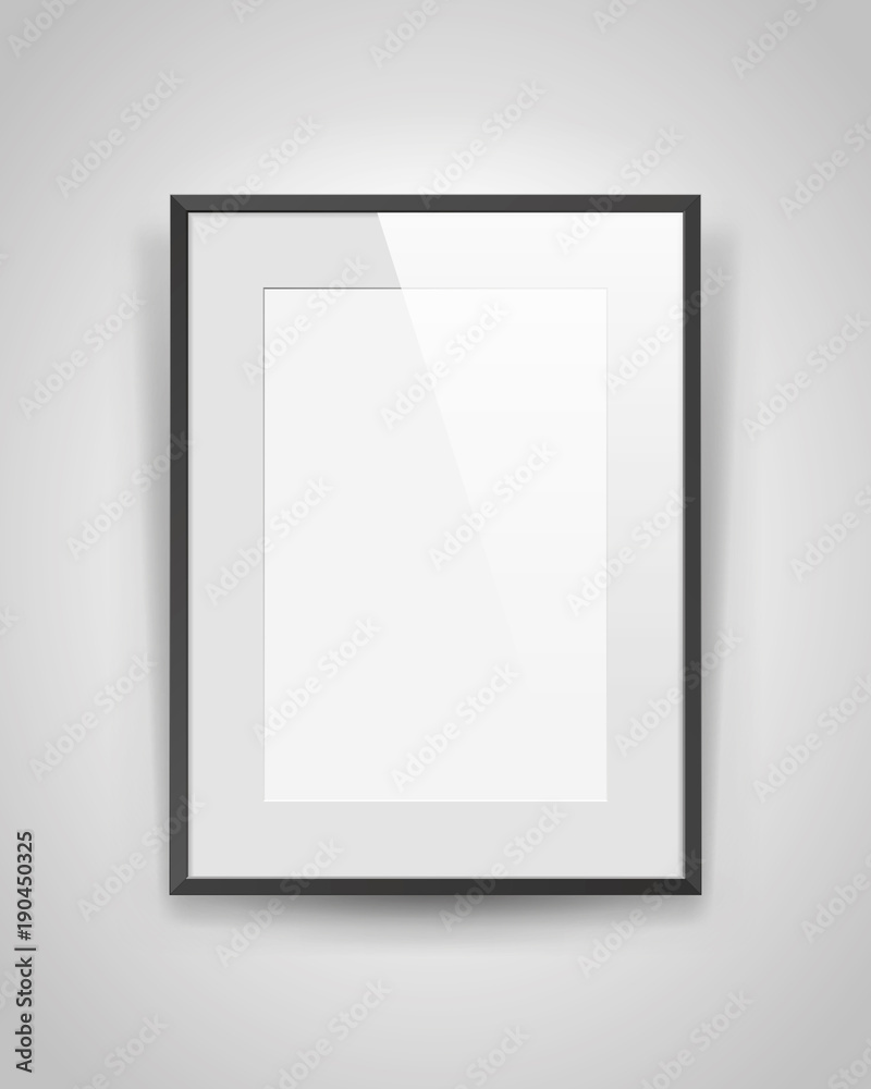 Realistic empty rectangular black frame with light passepartout on gray background, border for your creative project, mock-up sample, vector design object Realistic empty rectangular black frame with light passepartout on gray background, border for your creative project, mock-up sample, vector design object