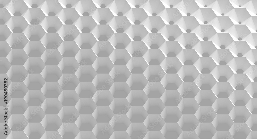 The white grid of cells in the form of hexagonal honeycombs with different diameter, which go from larger to smaller and in reverse. 3d illustration The white grid of cells in the form of hexagonal honeycombs with different diameter, which go from larger to smaller and in reverse. 3d illustration