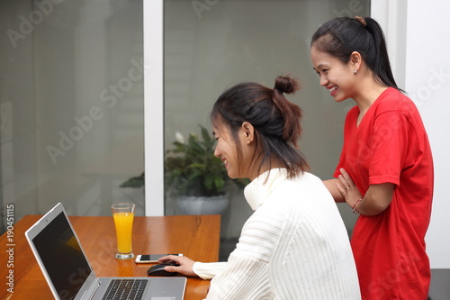 The women using computer