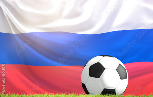 soccer football ball at green grass meadow blades of grass andflag of Russia 3d rendering