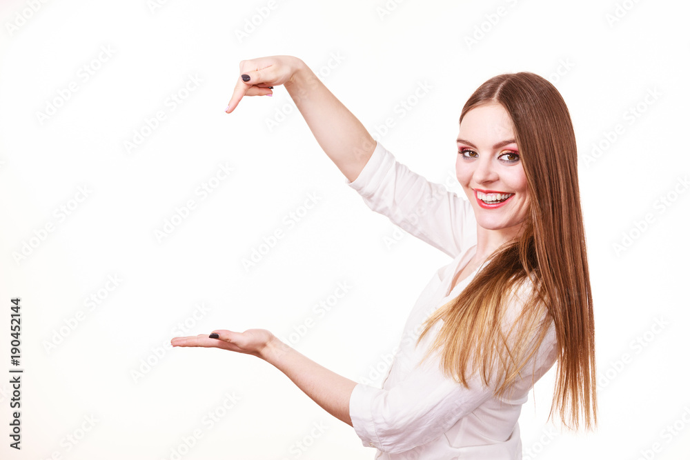 Woman holds empty hand copy space for product Woman holds empty hand copy space for product