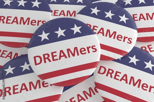 USA Politics News Badges: Pile of DREAMers Buttons With US Flag, 3d illustration