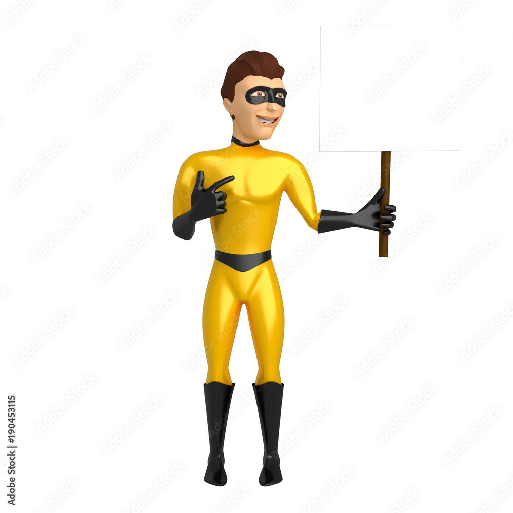 3d character in the costume of a superhero on a white background, holding in his hands a sign to place the inscription. 3d illustration 3d character in the costume of a superhero on a white background, holding in his hands a sign to place the inscription. 3d illustration