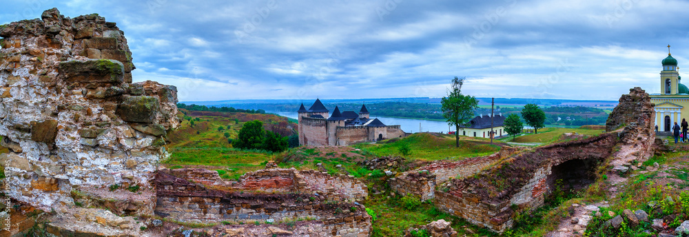 Panoramic landscape ancient medieval Khotyn castle located on the right bank of the Dniester River. Khotyn. Chernivtsi region. Ukraine