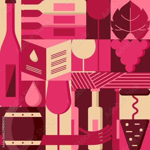 Vector flat geometric design elements for wine list, label, packaging, bar or restaurant menu. Colorful background with wine bottles, glass, grape vine. Trendy blocking illustration.
