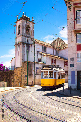 Lisbon tram on urban tramway network. Alfama district route. Portugal