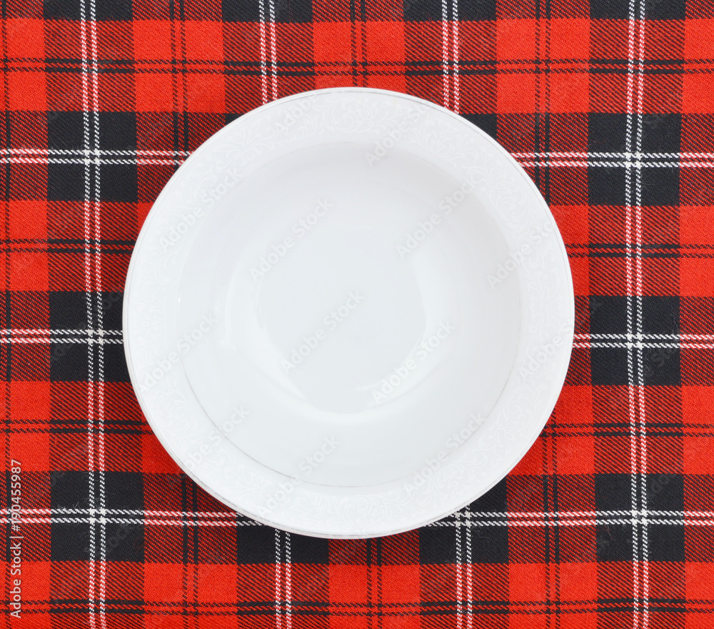 Empty plate at classic checkered tablecloth Empty plate at classic checkered tablecloth