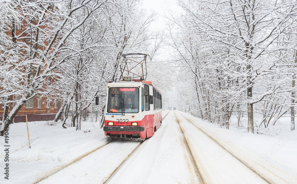 January 31, 2018. Moscow, Russia. Tram on the snow-covered street