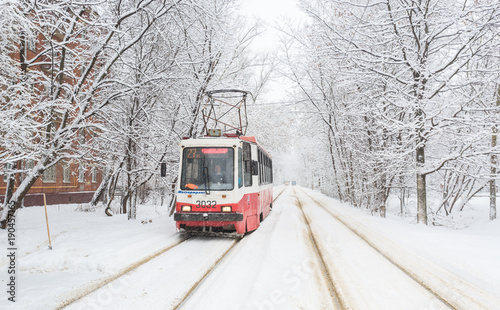 January 31, 2018. Moscow, Russia. Tram on the snow-covered street