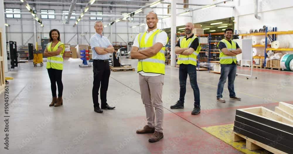 4k, Portrait of a proud African American male manager and his multi ethnic team in a warehouse. Slow motion.