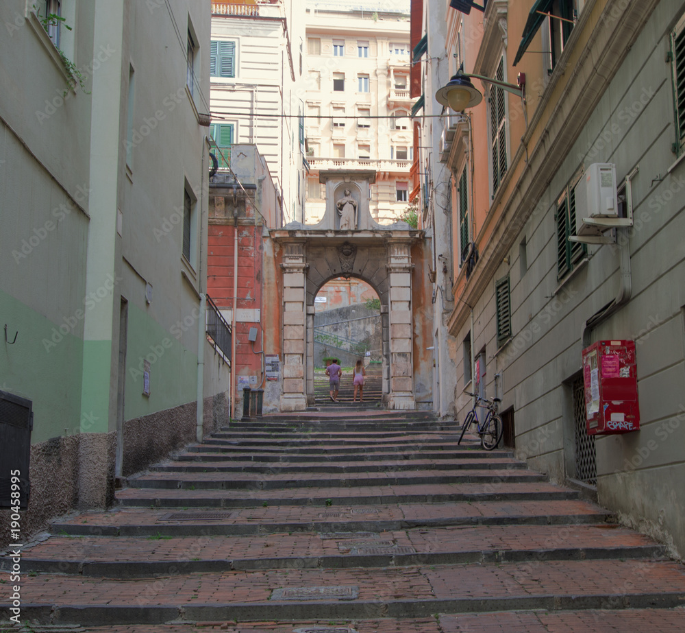 Medieval alleys for pedestrians, the ancient part of Genoa, Italy