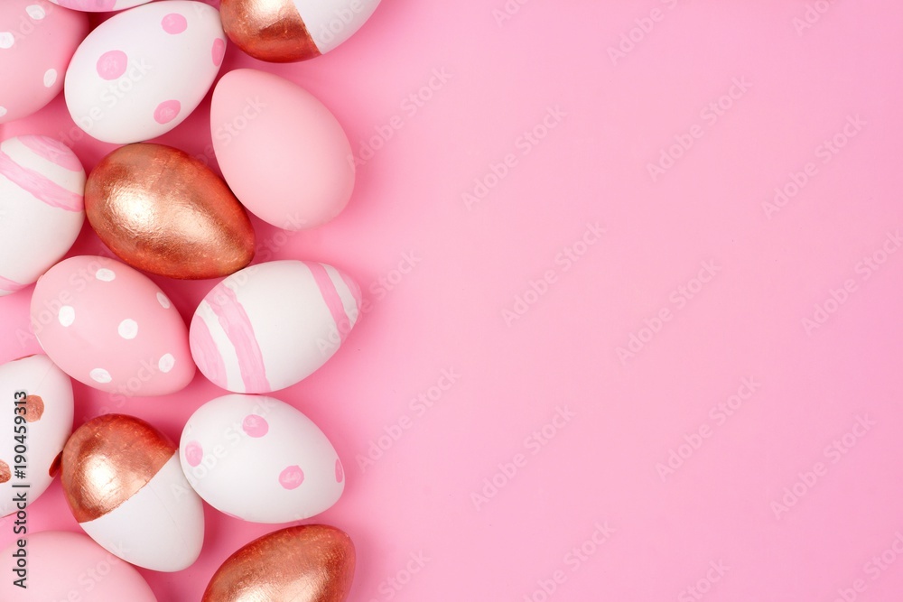 Easter egg side border. Rose gold, soft pink and white colors on a pink background.
