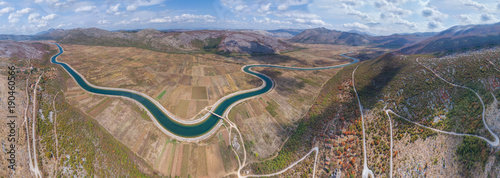 Panoramic aerial view to the valley and the Trebishnica river in the Bosnia and Hercegovina mountains. photo