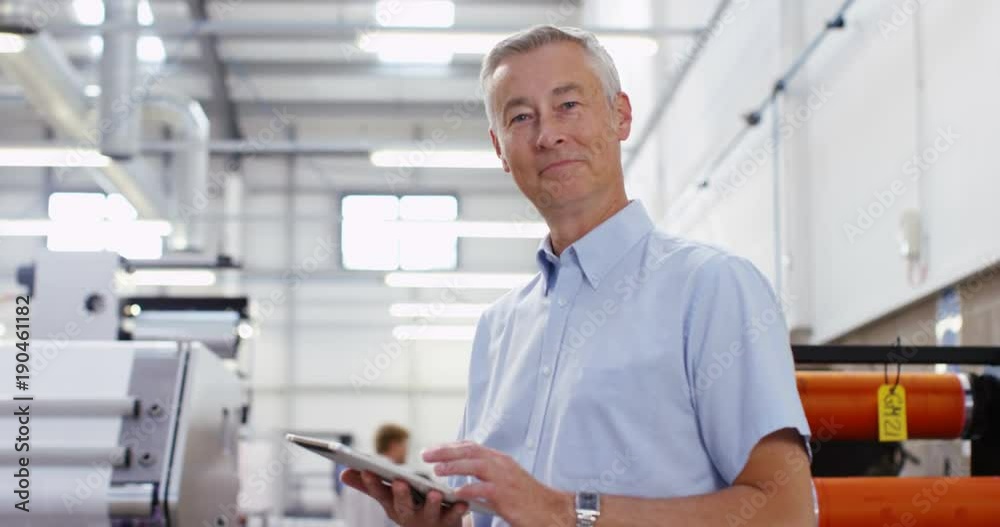 4K Portrait smiling business manager in printing factory using computer tablet