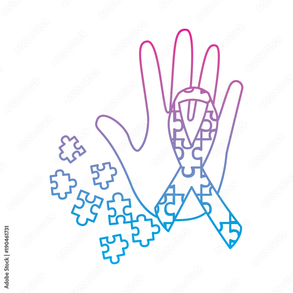 Fototapeta premium puzzle pieces with awareness ribbon and hand icon image vector illustration design blue to purple line