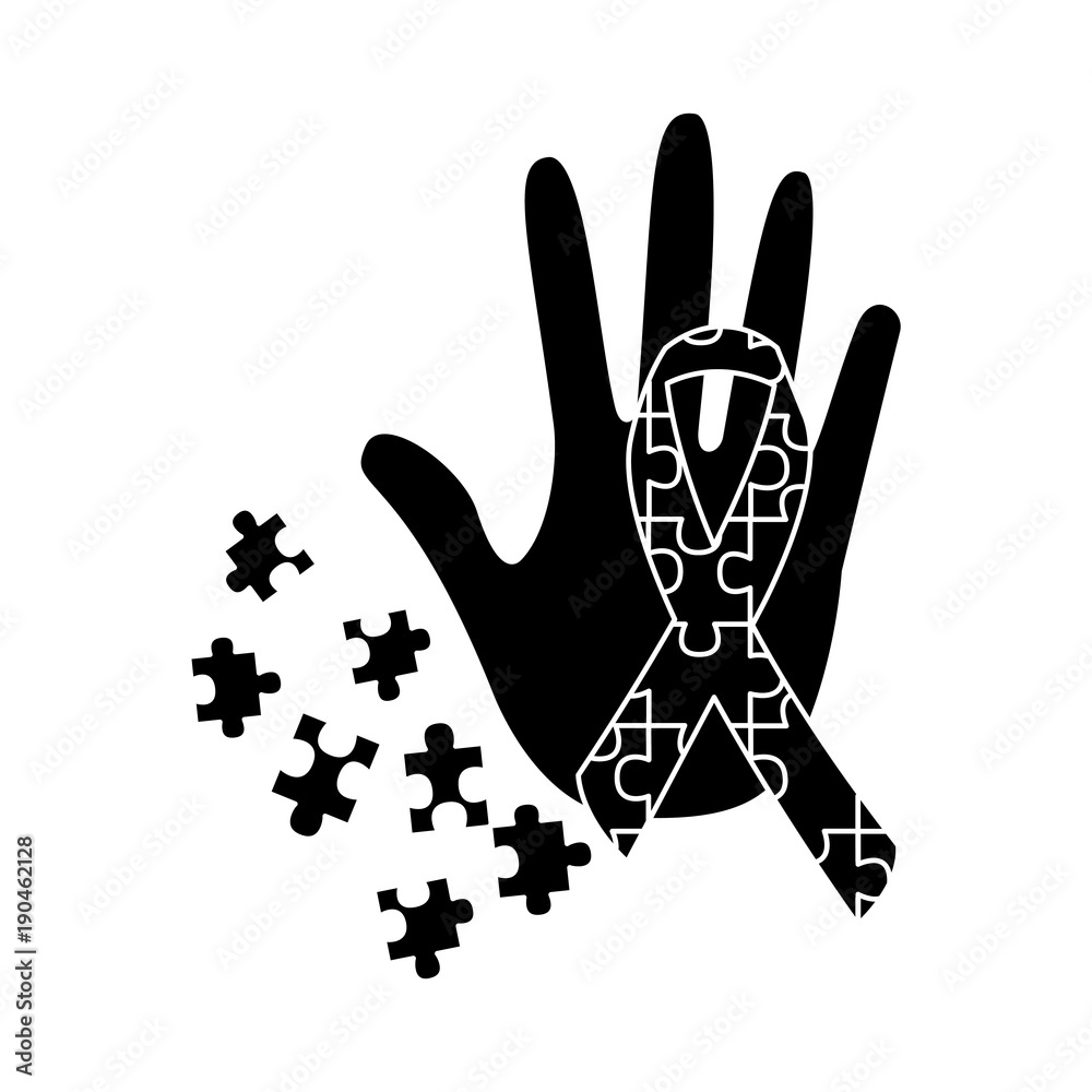 puzzle pieces with awareness ribbon and hand icon image vector illustration design black and white puzzle pieces with awareness ribbon and hand icon image vector illustration design black and white