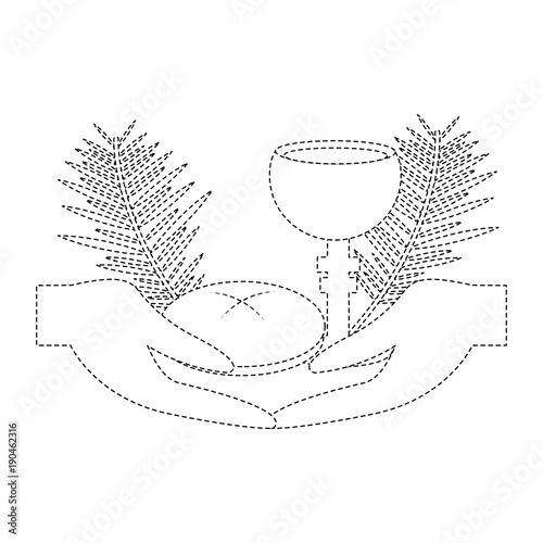 hands with chalice bread christian catholic paraphernalia  icon image vector illustration design  black dotted line