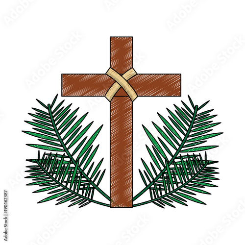 cross with leaves christian catholic paraphernalia  icon image vector illustration design 