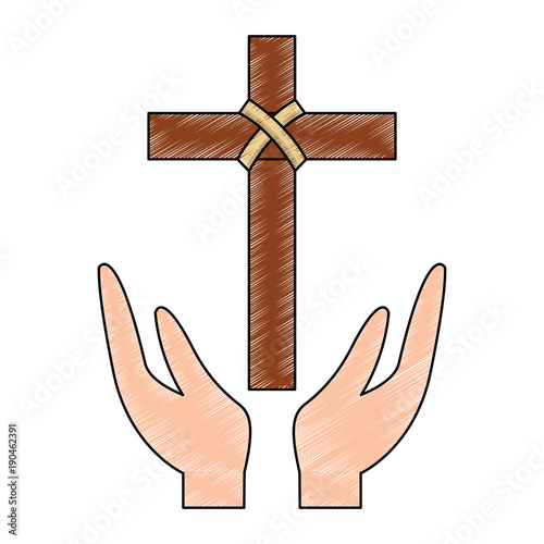 cross and hands christian catholic paraphernalia  icon image vector illustration design 